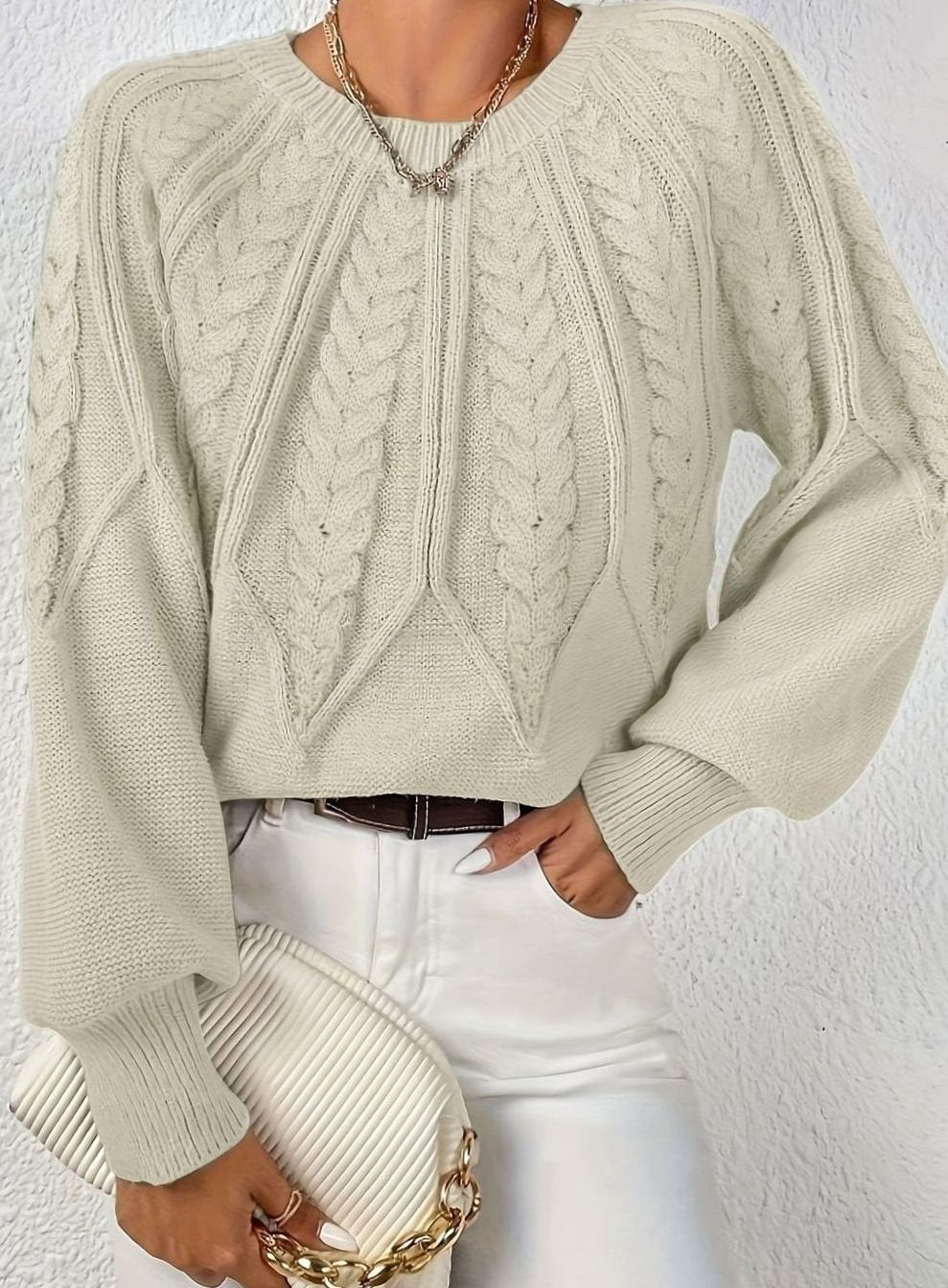 Women's Relaxed Cable-Knit Lantern Sleeve Pullover Sweater