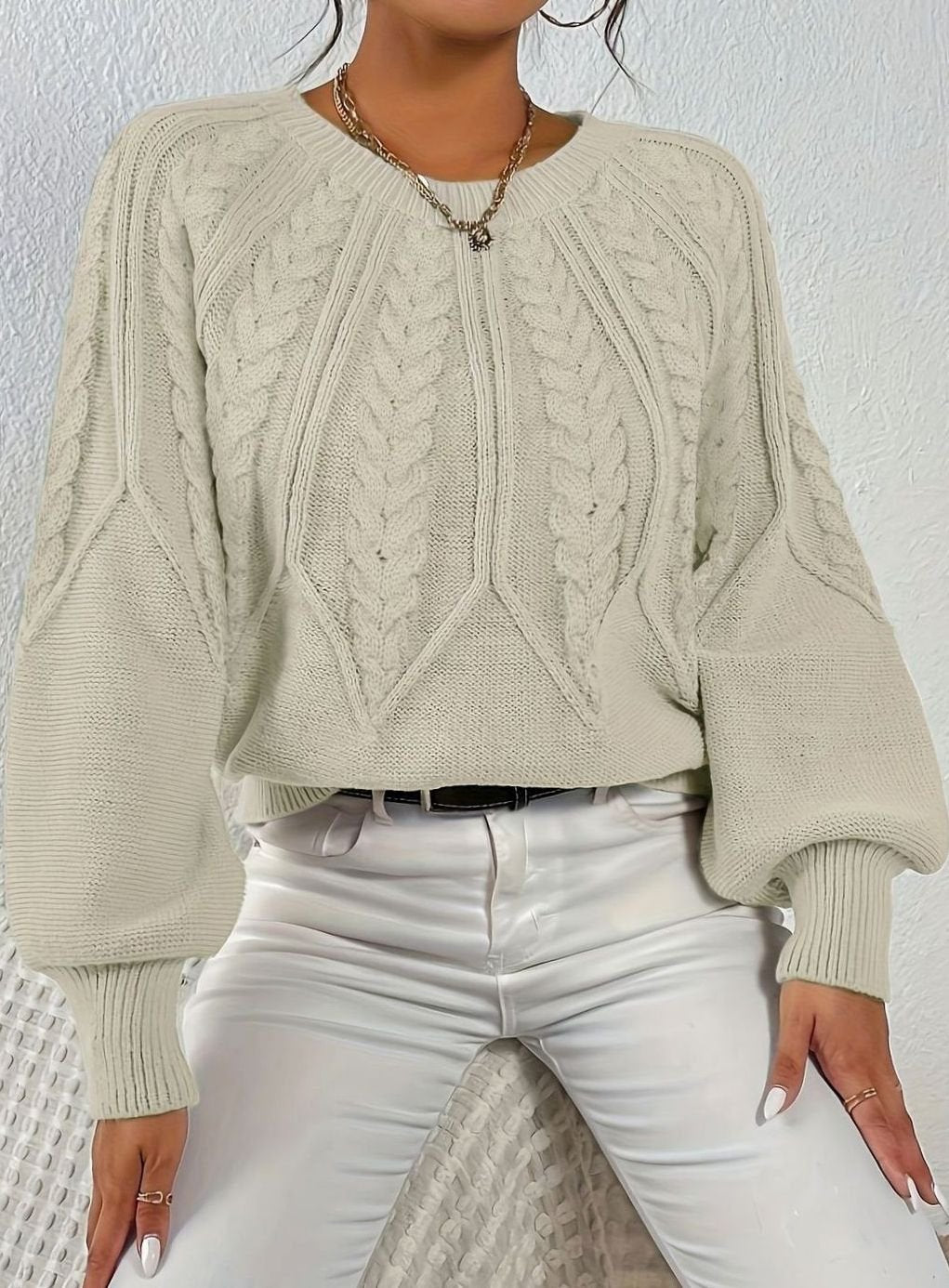 Women's Relaxed Cable-Knit Lantern Sleeve Pullover Sweater