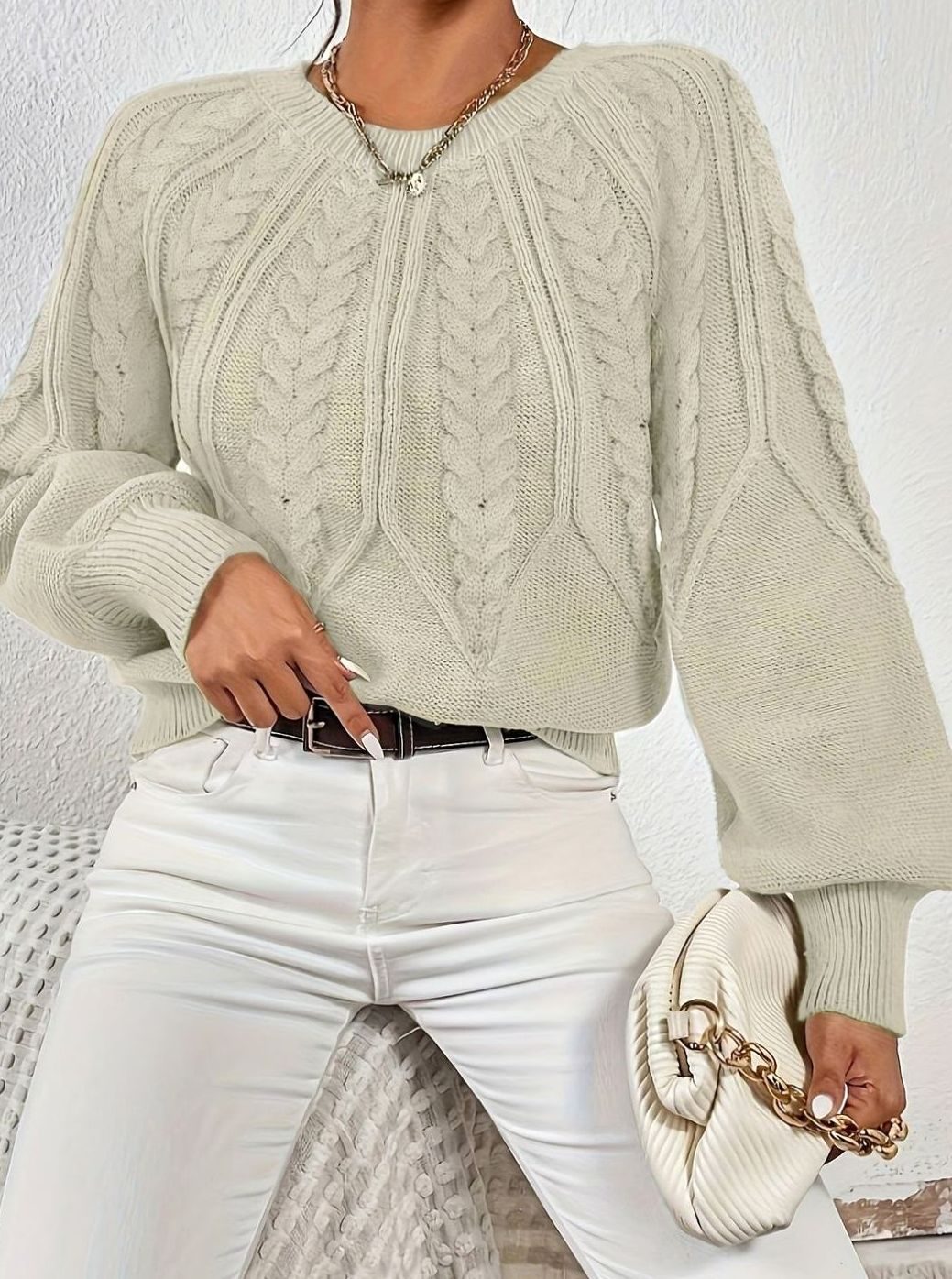 Women's Relaxed Cable-Knit Lantern Sleeve Pullover Sweater