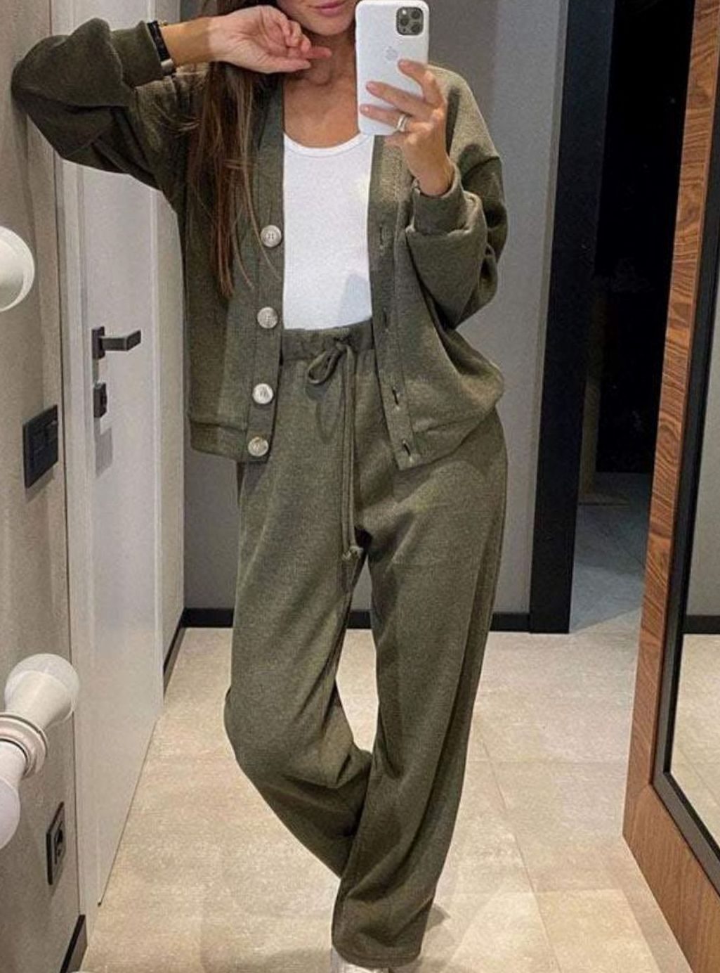 Women's Relaxed Cardigan Drawstring Pants Two-Piece Lounge Set - Green
