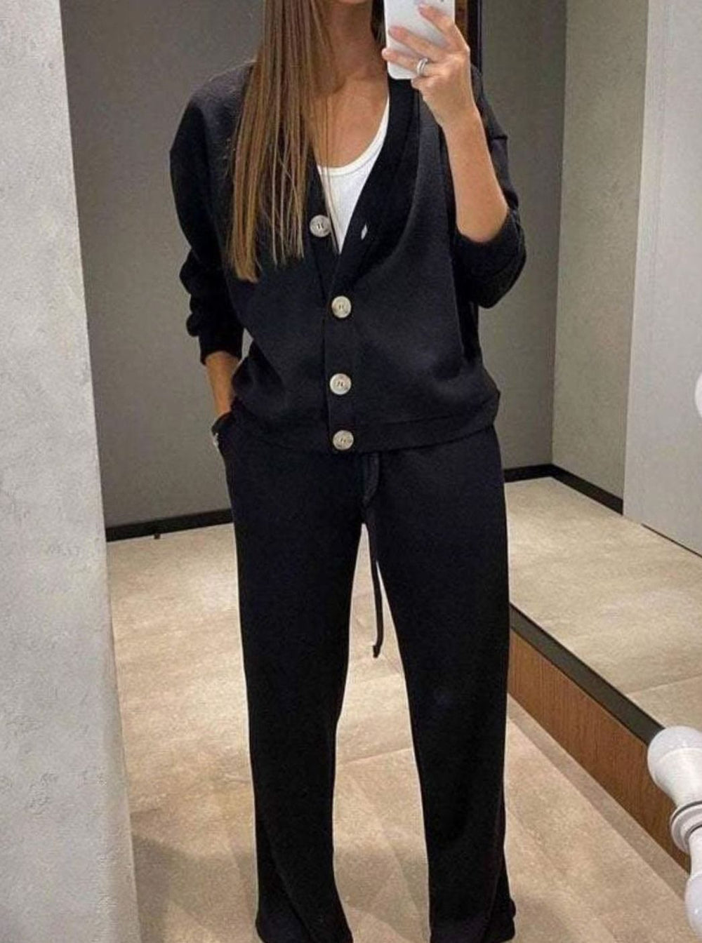 Women's Relaxed Cardigan Drawstring Pants Two-Piece Lounge Set - Black