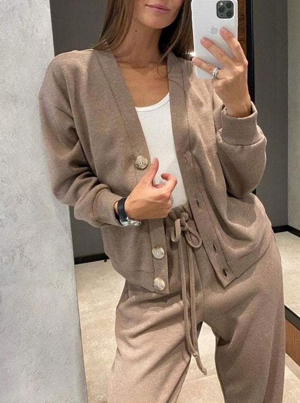 Women's Relaxed Cardigan Drawstring Pants Two-Piece Lounge Set - Beige