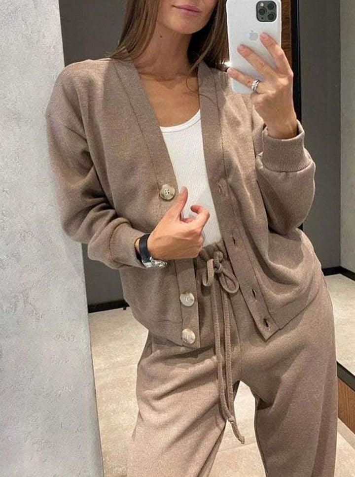 Women's Relaxed Cardigan Drawstring Pants Two-Piece Lounge Set - Beige