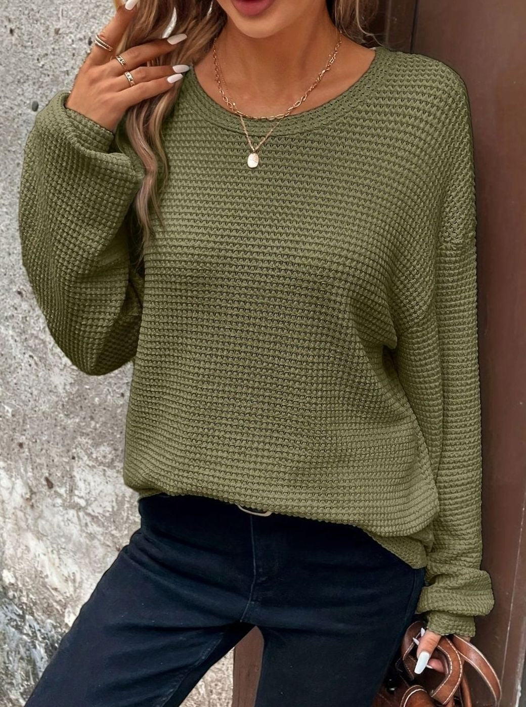 Women's Relaxed Drop-Shoulder Waffle-Knit Round Neck Sweater