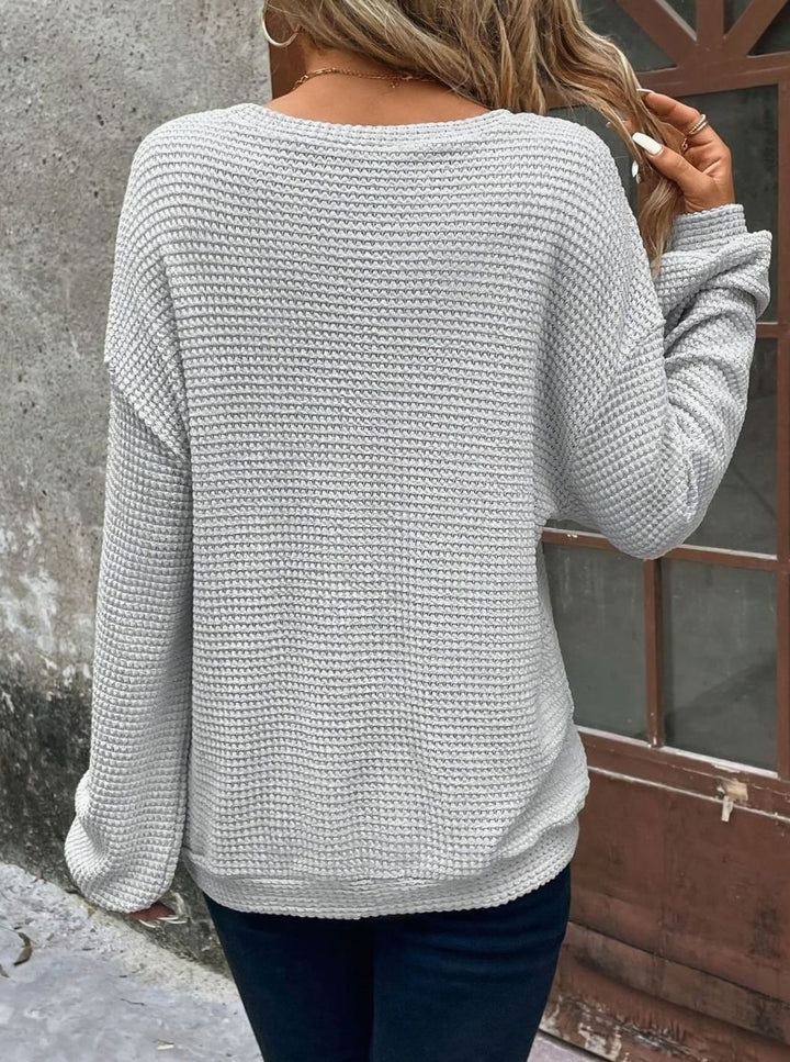 Women's Relaxed Drop-Shoulder Waffle-Knit Round Neck Sweater