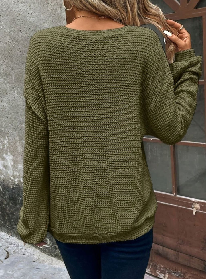 Women's Relaxed Drop-Shoulder Waffle-Knit Round Neck Sweater