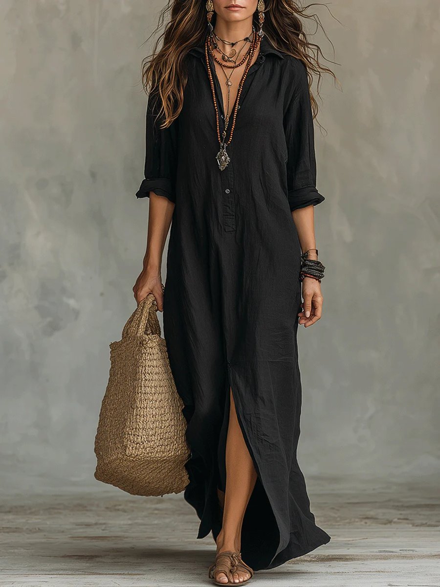 Women's Relaxed-Fit Button-Down Long Sleeve Maxi Shirt Dress - Black