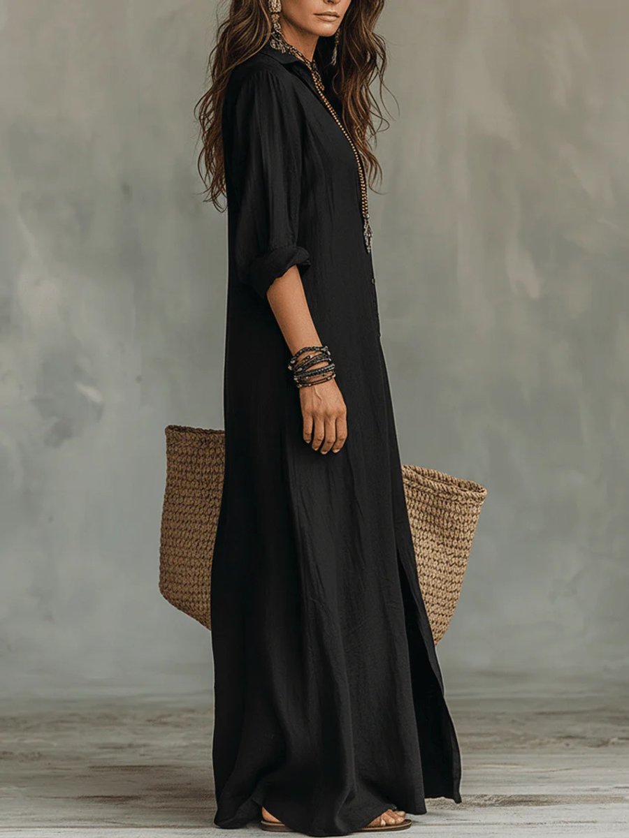 Women's Relaxed-Fit Button-Down Long Sleeve Maxi Shirt Dress