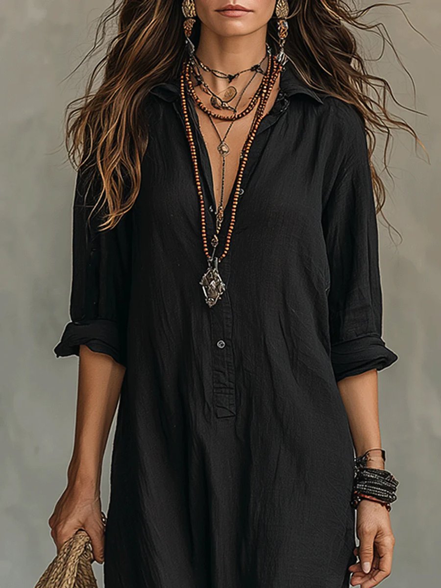 Women's Relaxed-Fit Button-Down Long Sleeve Maxi Shirt Dress