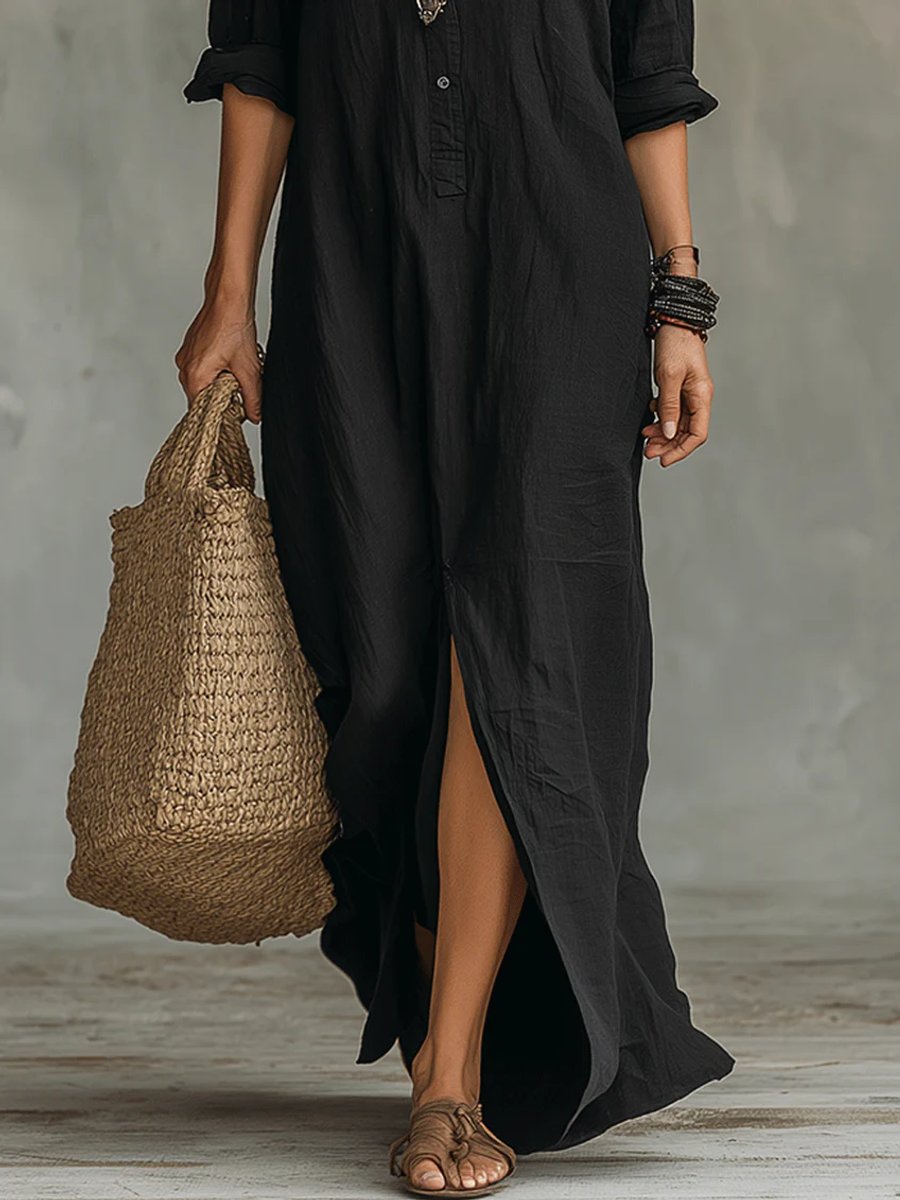 Women's Relaxed-Fit Button-Down Long Sleeve Maxi Shirt Dress