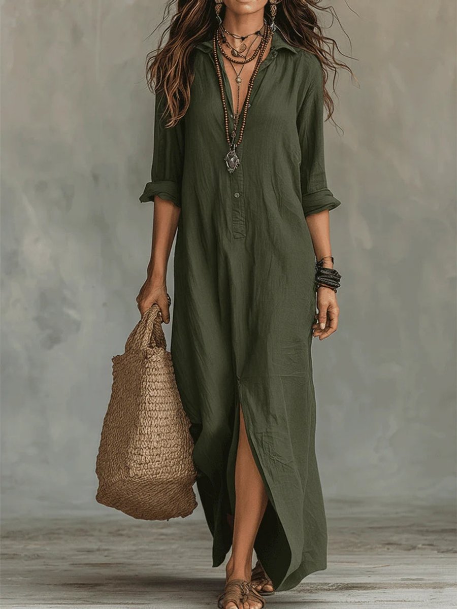 Women's Relaxed-Fit Button-Down Long Sleeve Maxi Shirt Dress - Green