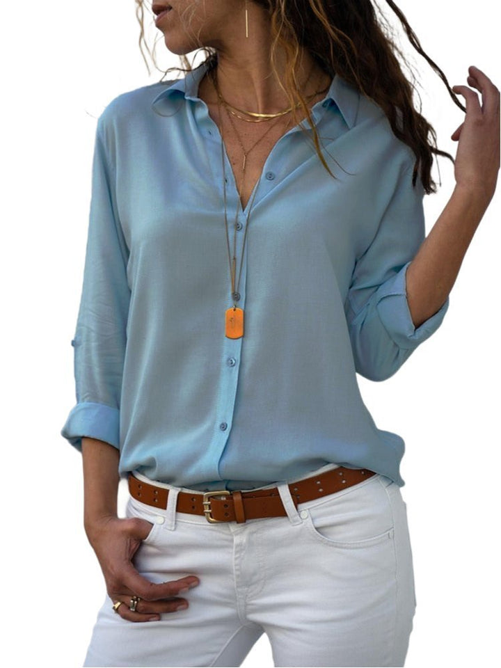 Women's Relaxed-Fit Button-Down Roll-Sleeve Blouse - Light Blue