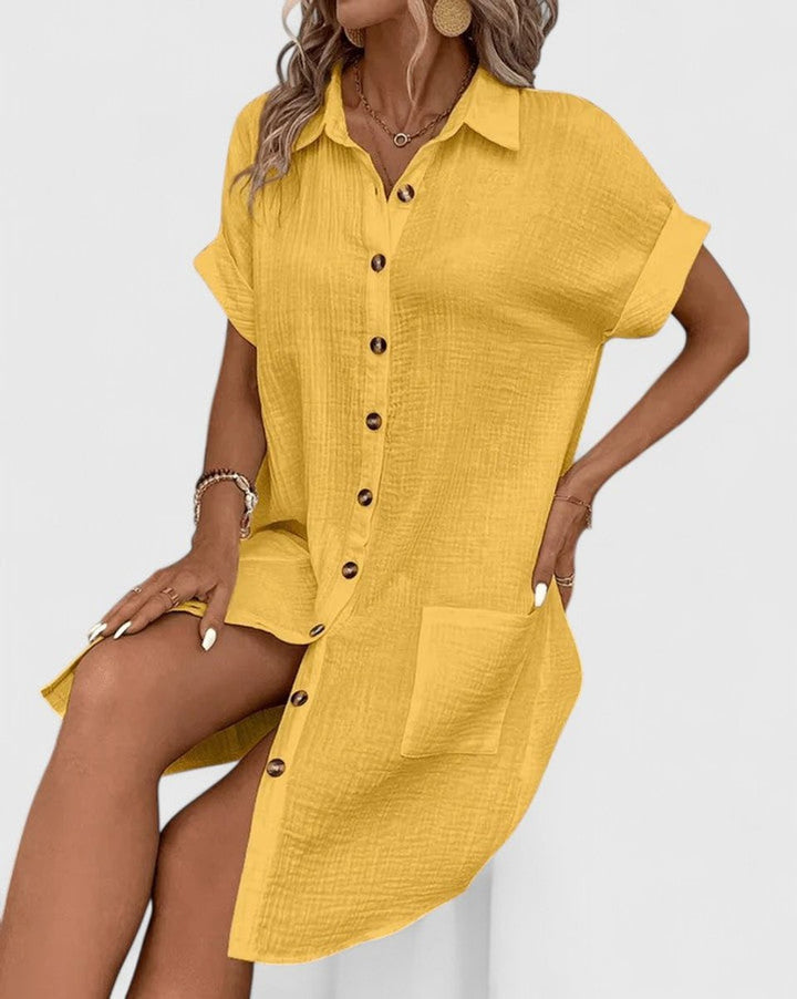 Women's Relaxed-Fit Button-Down Short Sleeve Shirt Dress Pockets