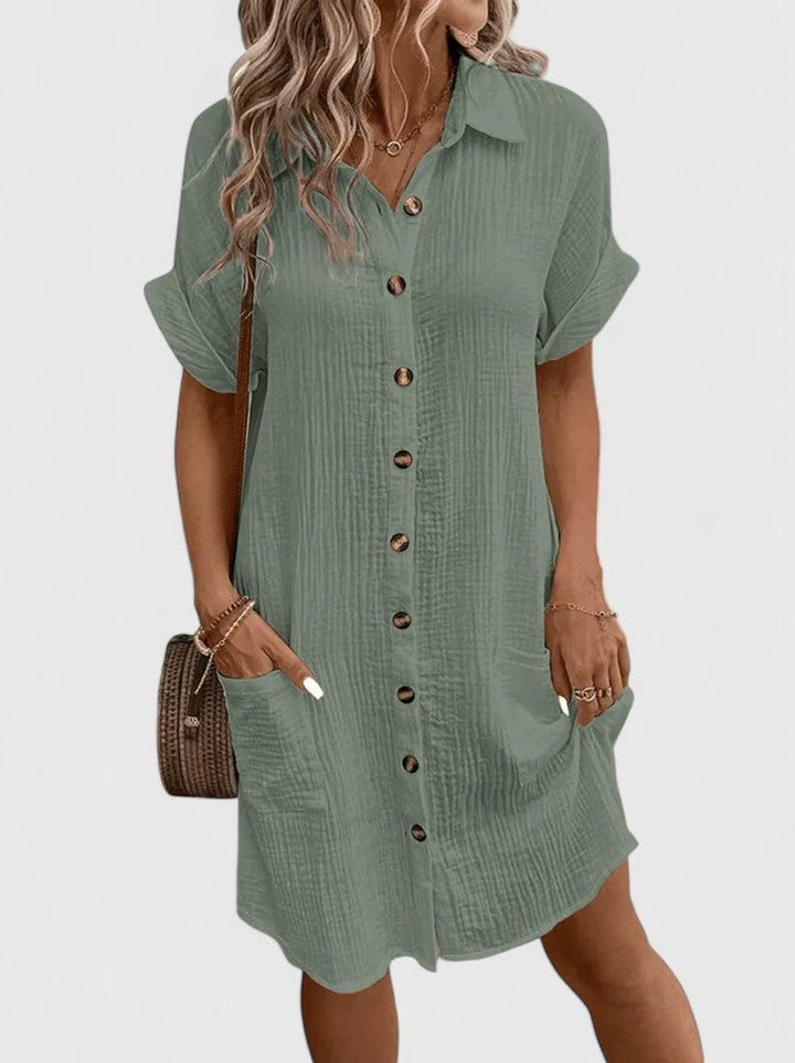 Women's Relaxed-Fit Button-Down Short Sleeve Shirt Dress Pockets - Green