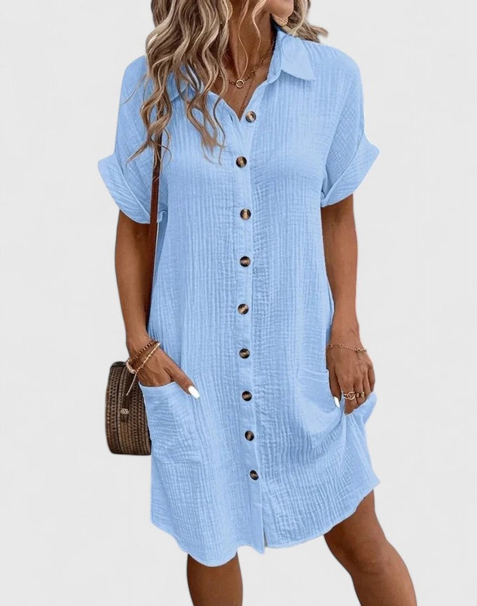 Women's Relaxed-Fit Button-Down Short Sleeve Shirt Dress Pockets
