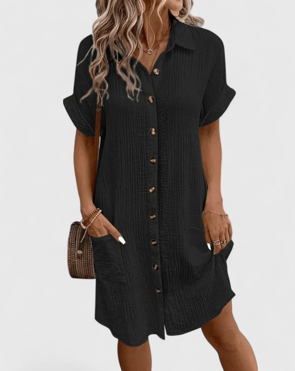 Women's Relaxed-Fit Button-Down Short Sleeve Shirt Dress Pockets