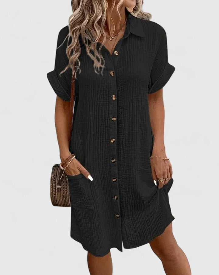 Women's Relaxed-Fit Button-Down Short Sleeve Shirt Dress Pockets - Black