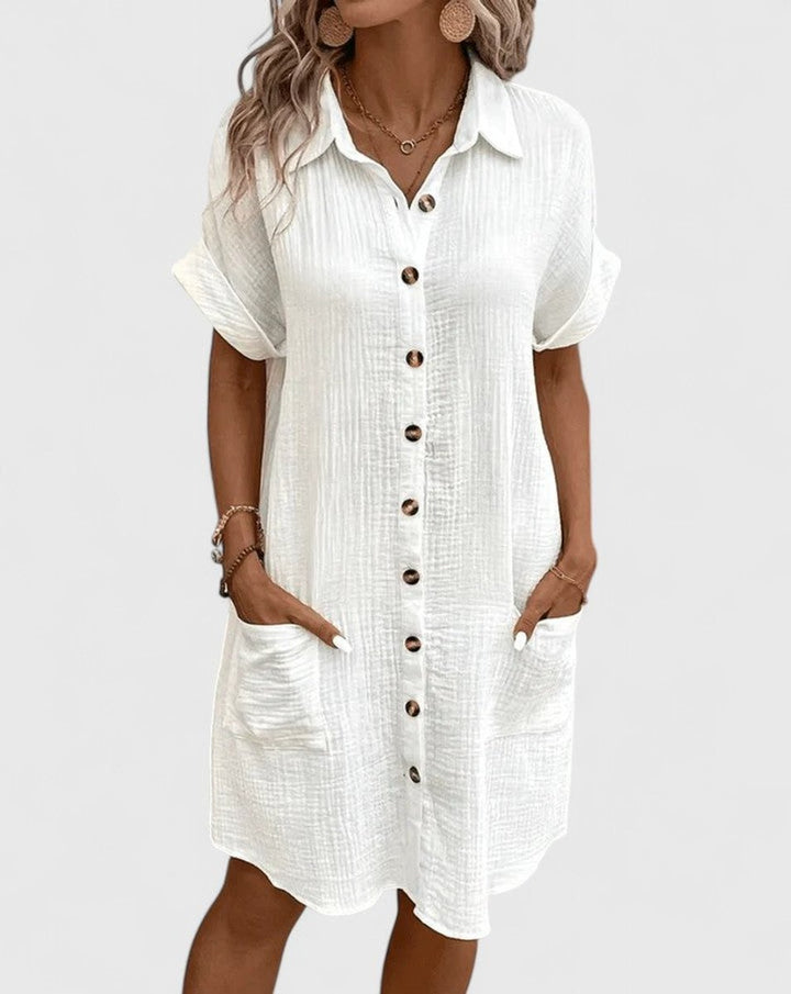 Women's Relaxed-Fit Button-Down Short Sleeve Shirt Dress Pockets - White