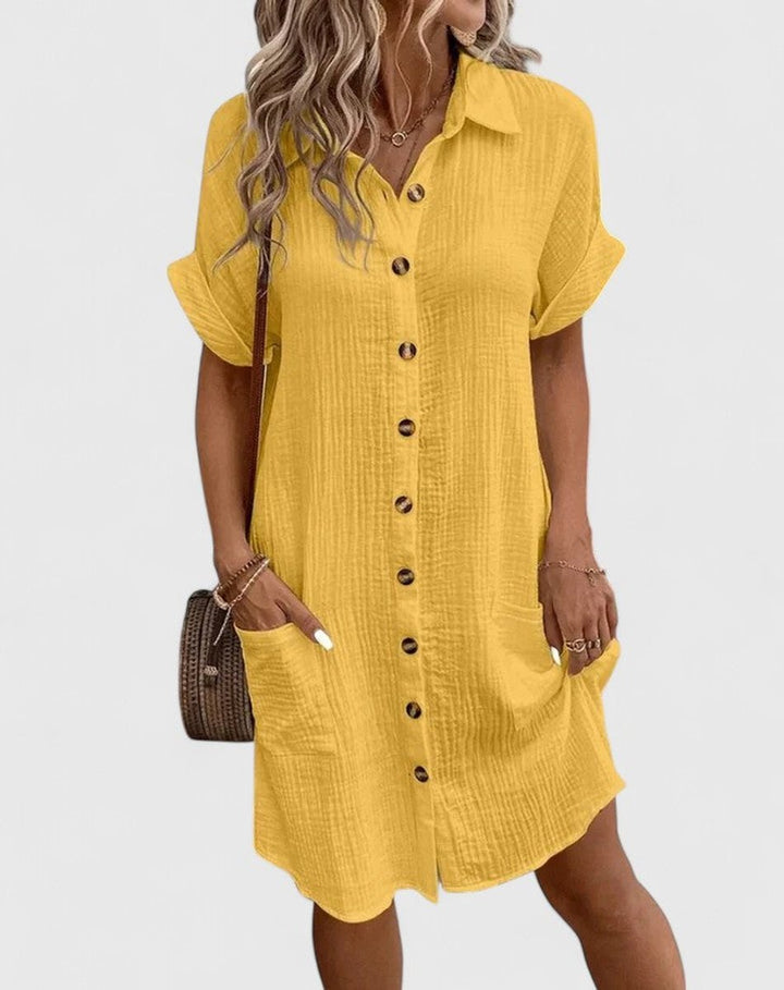 Women's Relaxed-Fit Button-Down Short Sleeve Shirt Dress Pockets - Yellow