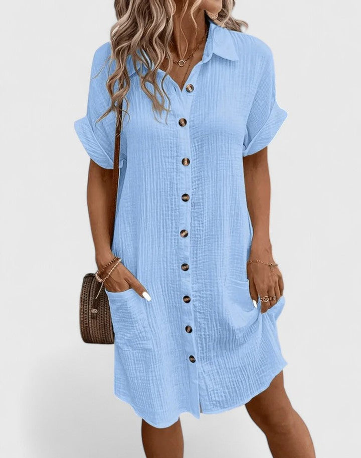 Women's Relaxed-Fit Button-Down Short Sleeve Shirt Dress Pockets - Blue