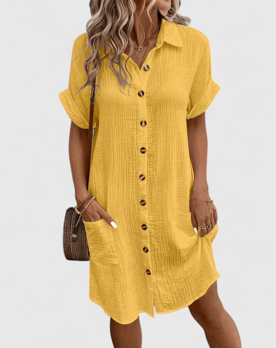 Women's Relaxed-Fit Button-Down Short Sleeve Shirt Dress Pockets