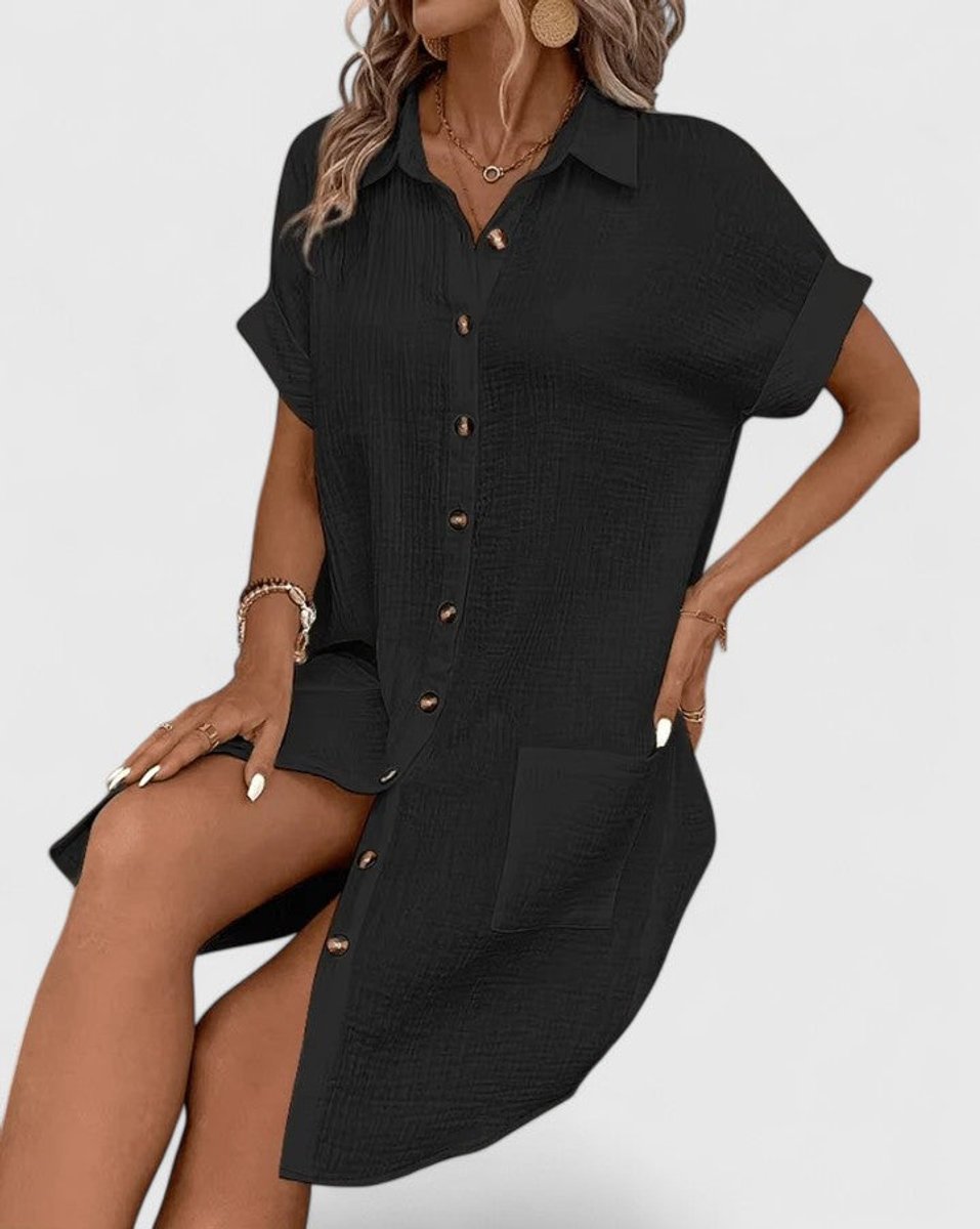 Women's Relaxed-Fit Button-Down Short Sleeve Shirt Dress Pockets