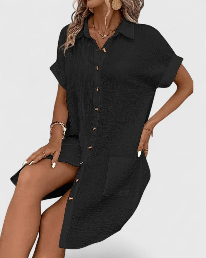 Women's Relaxed-Fit Button-Down Short Sleeve Shirt Dress Pockets