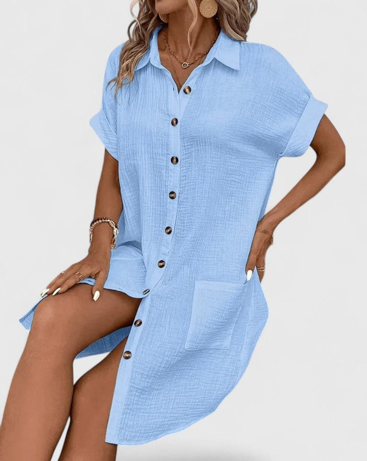 Women's Relaxed-Fit Button-Down Short Sleeve Shirt Dress Pockets