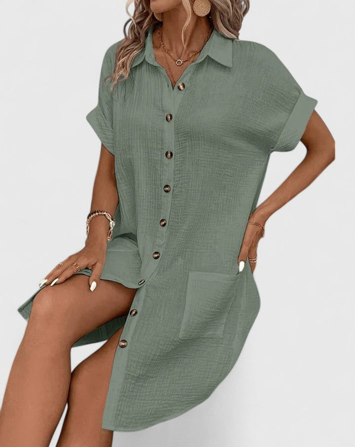 Women's Relaxed-Fit Button-Down Short Sleeve Shirt Dress Pockets