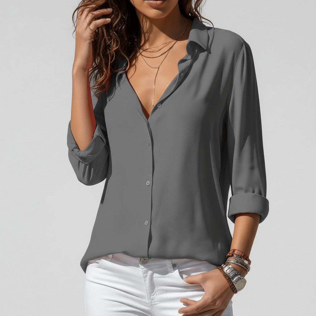 Women's Relaxed-Fit Button-Up Long Sleeve Collared Blouse - Classic Grey