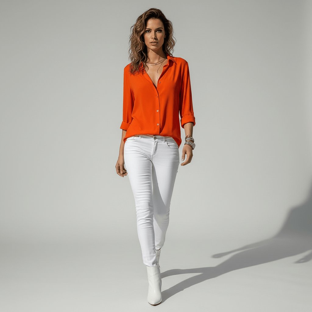 Women's Relaxed-Fit Button-Up Long Sleeve Collared Blouse