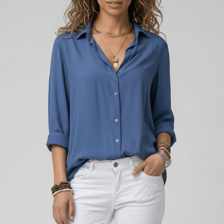 Women's Relaxed-Fit Button-Up Long Sleeve Collared Blouse - Ocean Blue