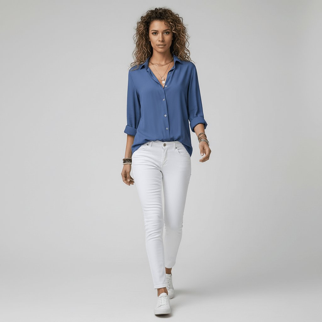 Women's Relaxed-Fit Button-Up Long Sleeve Collared Blouse