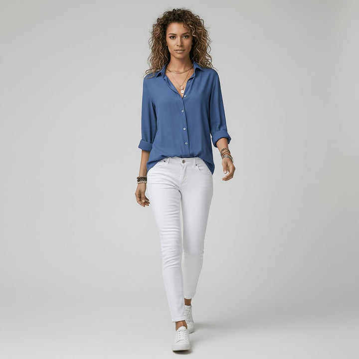 Women's Relaxed-Fit Button-Up Long Sleeve Collared Blouse