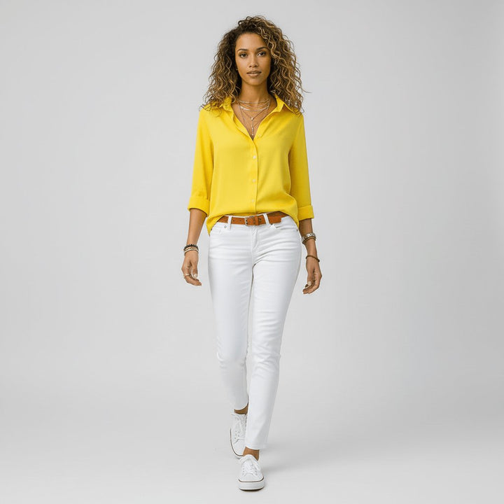 Women's Relaxed-Fit Button-Up Long Sleeve Collared Blouse