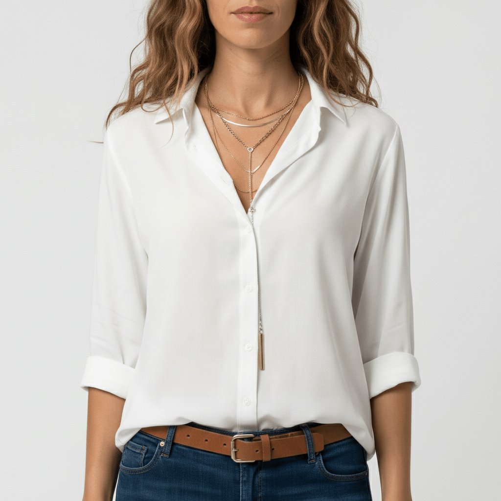 Women's Relaxed-Fit Button-Up Long Sleeve Collared Blouse - Pure White