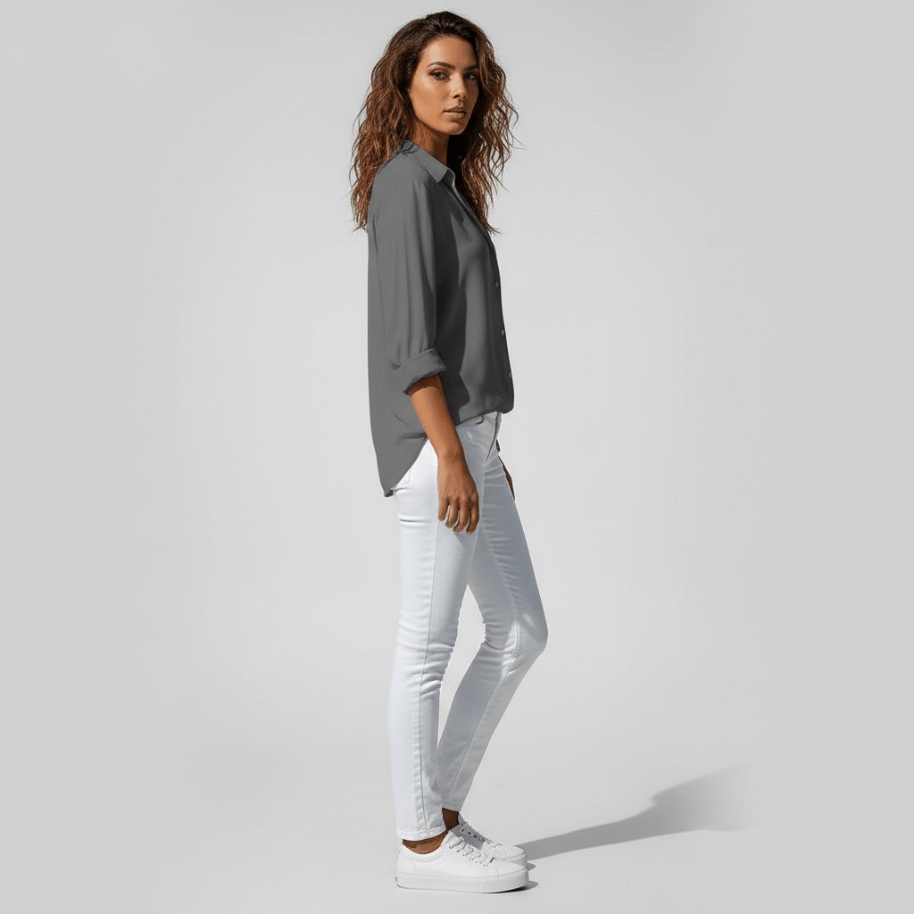 Women's Relaxed-Fit Button-Up Long Sleeve Collared Blouse