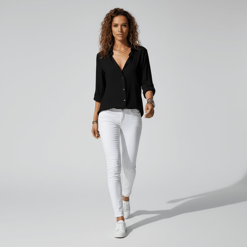 Women's Relaxed-Fit Button-Up Long Sleeve Collared Blouse