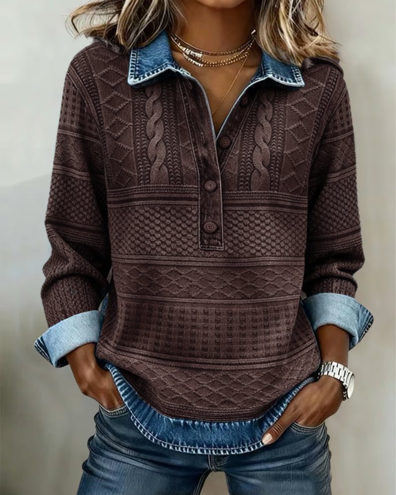 Women's Relaxed-Fit Cable-Knit Half-Button Collar Pullover Sweater - Coffee