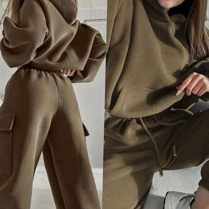 Women's Relaxed-Fit Cargo Pocket Hoodie Jogger Set - Khaki