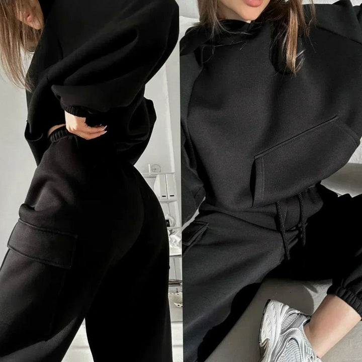 Women's Relaxed-Fit Cargo Pocket Hoodie Jogger Set - Black