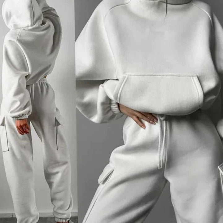 Women's Relaxed-Fit Cargo Pocket Hoodie Jogger Set - White