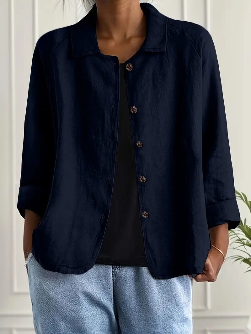 Women's Relaxed-Fit Collared Button-Front Long Sleeve Blazer - Navy Blue