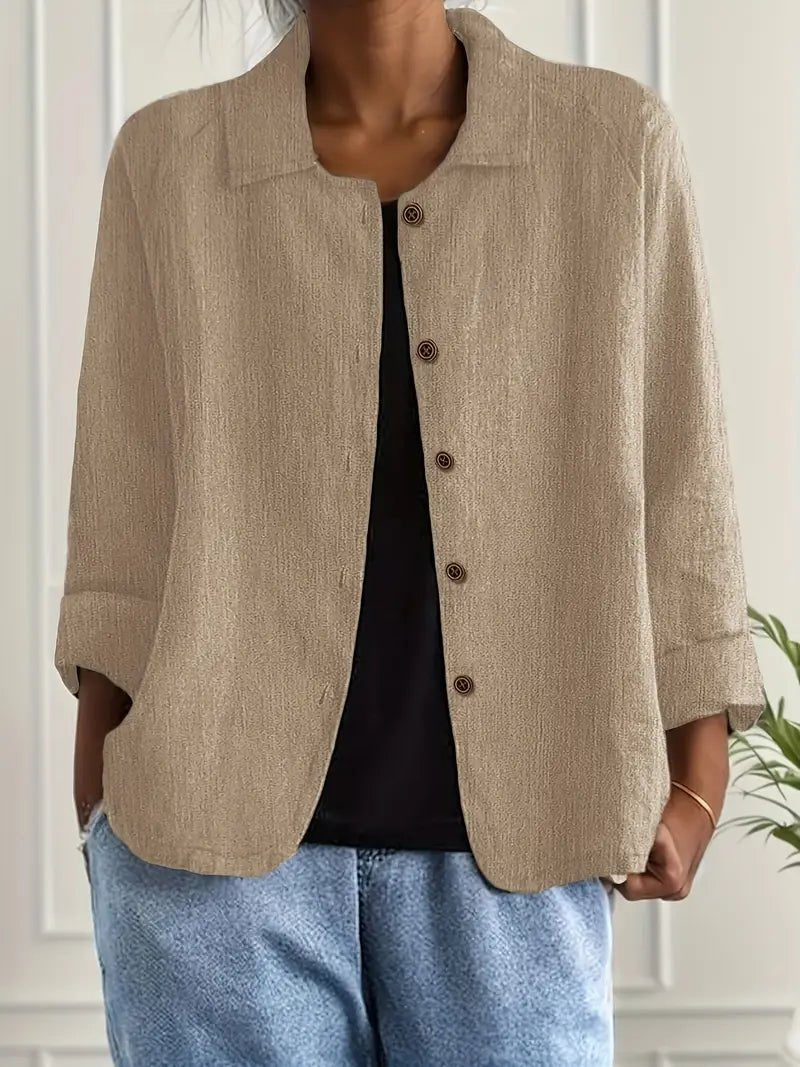 Women's Relaxed-Fit Collared Button-Front Long Sleeve Blazer - Khaki
