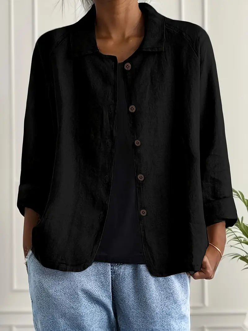 Women's Relaxed-Fit Collared Button-Front Long Sleeve Blazer - Black