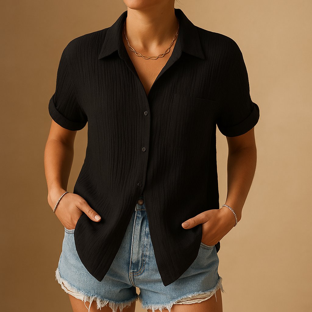 Women's Relaxed-Fit Cotton Gauze Short-Sleeve Button-Down Shirt - Black