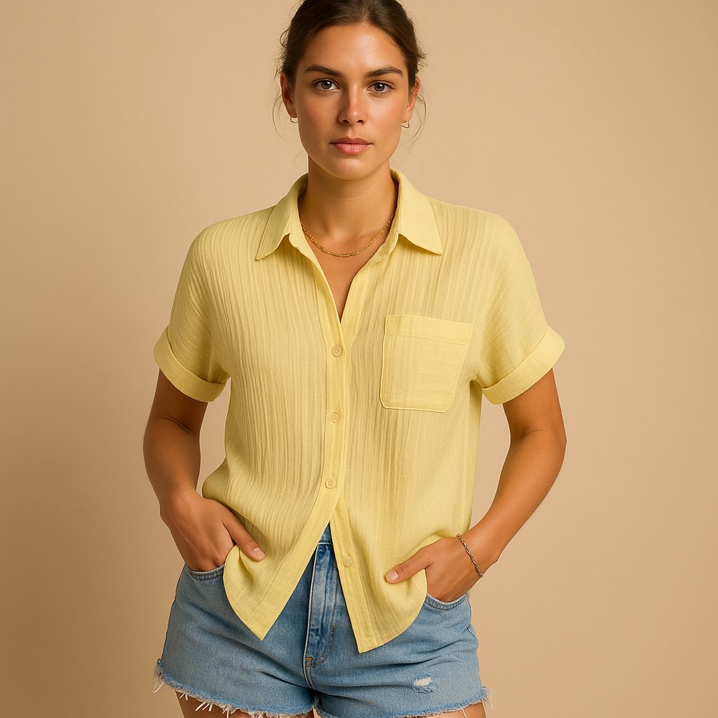 Women's Relaxed-Fit Cotton Gauze Short-Sleeve Button-Down Shirt - Yellow