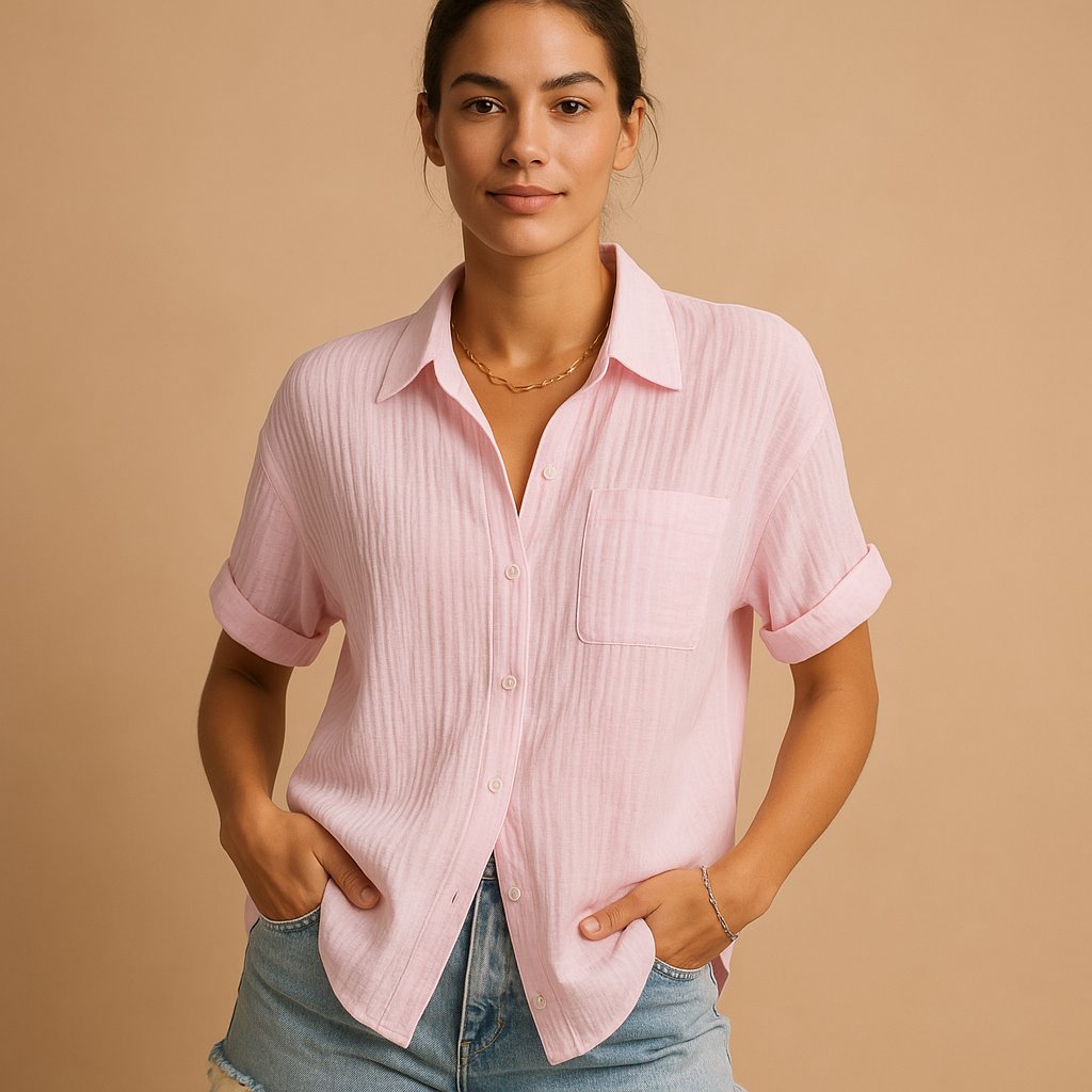 Women's Relaxed-Fit Cotton Gauze Short-Sleeve Button-Down Shirt - Pink