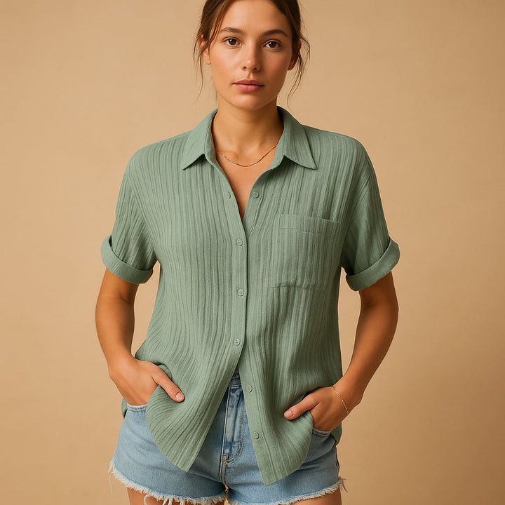 Women's Relaxed-Fit Cotton Gauze Short-Sleeve Button-Down Shirt - Green