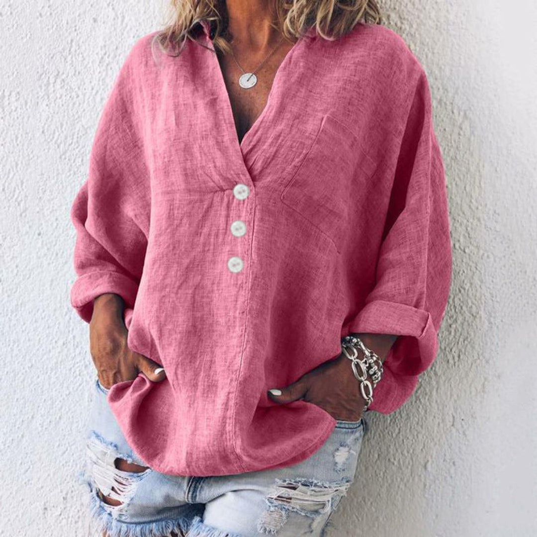 Women's Relaxed-Fit Cotton Linen Button-Up Pullover Sweater - Pink